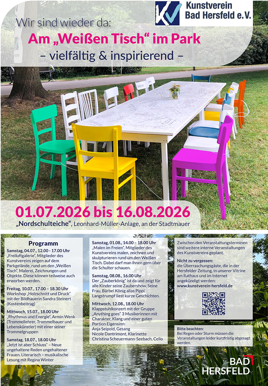 Plakat des Kunstvereins Bad Hersfeld zum Projekt Am Weißen Tisch im Park vom 01. Juli bis 16. August 2026